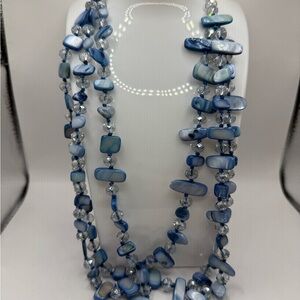 Shell Necklace Blue Mother Of Pearl Faceted Crystal Dyed Multi Strand Chunky Bib